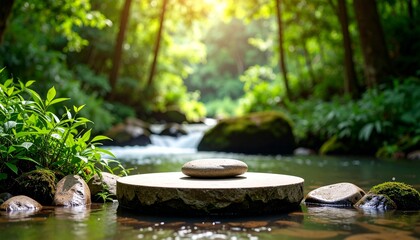 Serene forest stream meditative stone platform
