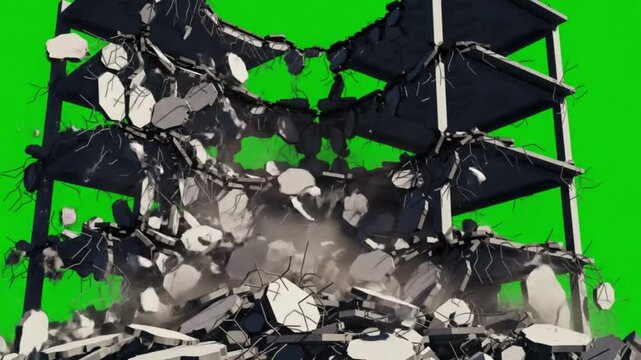 Building collapsing with explosion on green screen background in a dramatic destruction scene