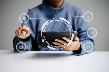 Businesswoman hand working digital marketing media in virtual screen with mobile phone and modern...