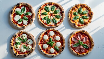 Six varieties of pizza featured on the menu, embodying the essence of Italian cuisine isolated on the white background