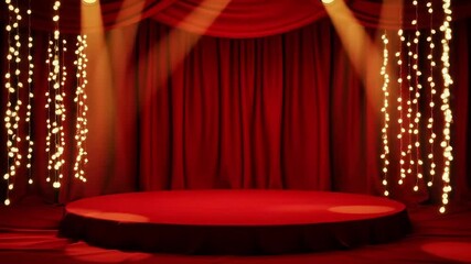 Illuminated stage with red curtain, round platform, and hanging decorative lights backdrop design - Powered by Adobe