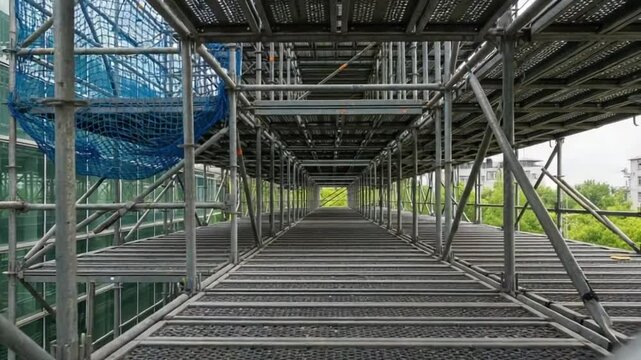 Industrial Walkway with Metal Grating and Structural Framework
