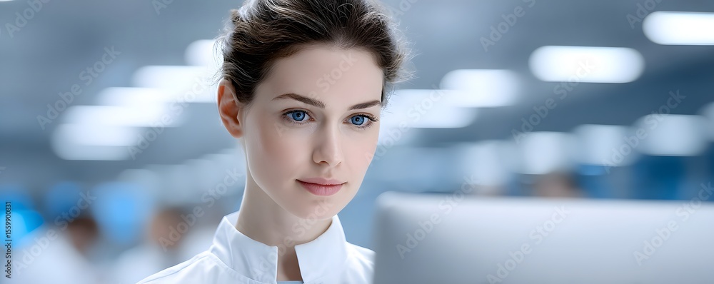 Poster documentary style image of a scientist inputting clinical trial data into a computer, multiple scree