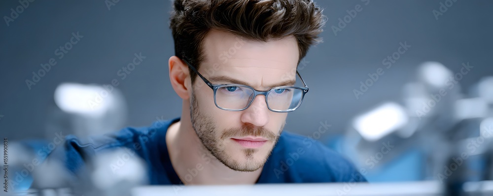 Poster documentary style image of a scientist inputting clinical trial data into a computer, multiple scree