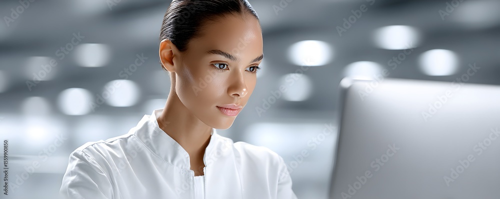 Poster documentary style image of a scientist inputting clinical trial data into a computer, multiple scree