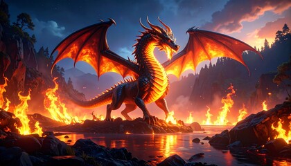 Enormous fire dragon perched on a tall mountain overlooking a volcanic landscape scene