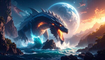 A colossal dragon swimming in the ocean creating a scene of power and fantasy wonder