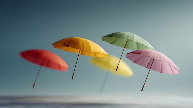 set of multicolored umbrellas opened in studio, autumn concept