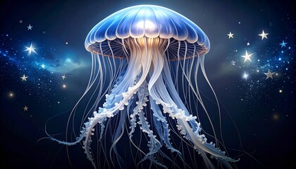 Mesmerizing jellyfish surrounded by stars in a surreal tattoo design with elegant colors