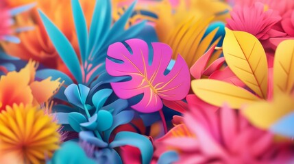 vibrant tropical leaves in hues of deep pink, purple, orange and blue burst with color against a dark background. This lively arrangement exudes energy and creativity.