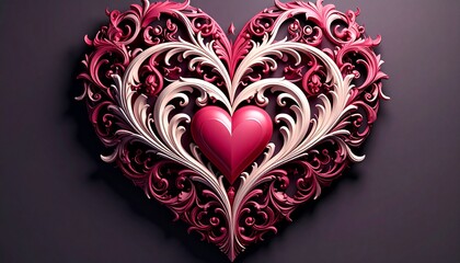 Romantic heart with swirly designs in elegant baroque style featuring ruby and pearl tones