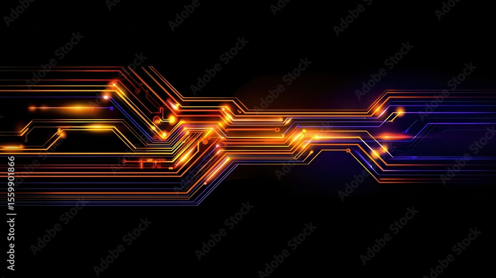 Aufkleber abstract digital circuit design with vibrant glowing lines and lights on a dark background