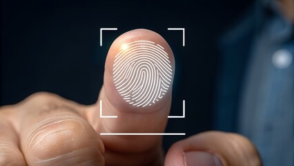 Fingerprint scan with digital overlay and human finger image