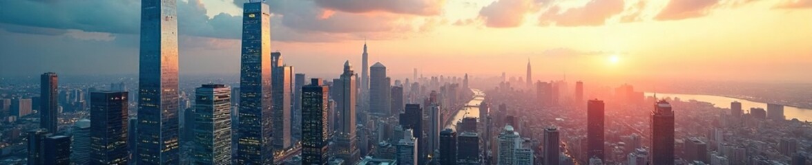 Fototapeta premium Modern Glass Skyscrapers Reflecting Sunlight in Vibrant City Skyline, Ideal for Corporate Real Estate and Architectural Projects