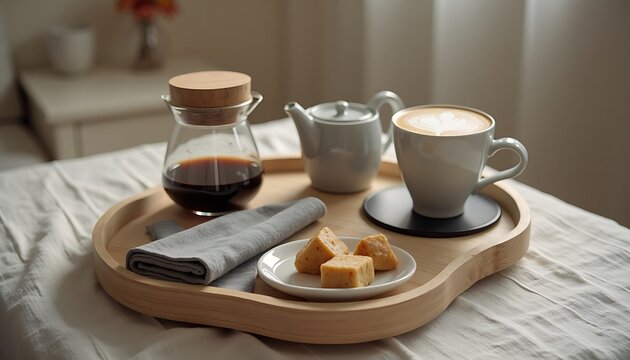 Wooden tray with coffee carafe, white teapot, cup of latte, and plate of scones on bed