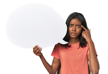 Indian woman with dialogue bubble showing a disappointment gesture with forefinger.
