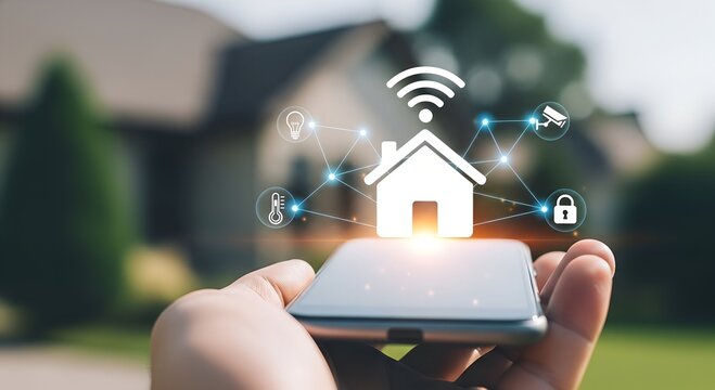 Hand holding smartphone displaying smart home network icons mobile technology