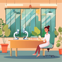 scene of a biology classroom with microscope, plants, cells under observation