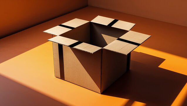 Open cardboard box casting shadows on orange surface