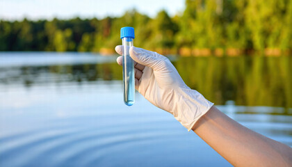 Water sample tube held by gloved hand over rippling lake with forest background