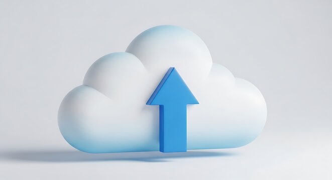 A stylized cloud with a blue arrow pointing upward against a white backdrop