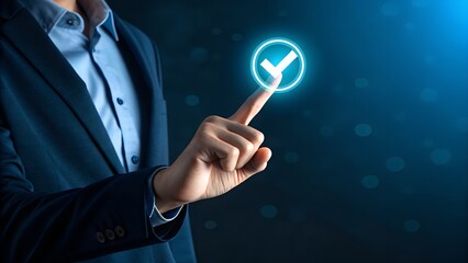 Person in blue suit touching glowing blue checkmark icon tick success