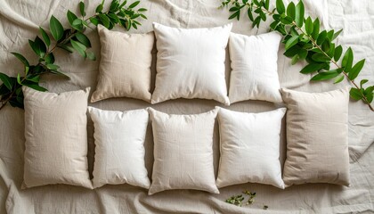 Cozy bunch of soft pillows piled together on a comfortable bed for relaxation