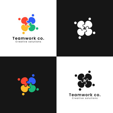 Flat colorful puzzle logo of four people connecting together, symbolizing collaboration, unity, and problem solving.