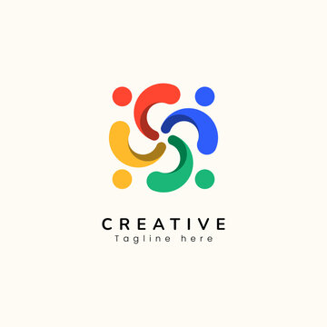 Abstract colorful logo of four people in spiral motion, symbolizing unity, teamwork, and diversity.