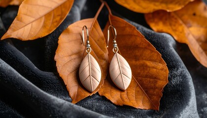 Captivating pair of luxury earrings displayed on a black background with bronze leaves