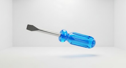 A flathead screwdriver with a blue handle floating in a white background