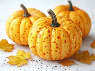 Three small pumpkins with yellow speckles and autumn leaves