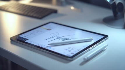 Digital tablet with electronic signature and stylus on white desk in tech workspace ideal for digital contract visuals, remote work branding and paperless office promotion