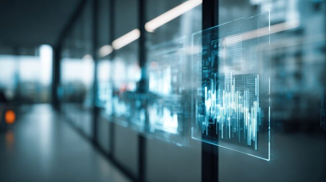 Futuristic data graphs floating in office glass corridor with reflections ideal for finance technology visuals, innovation concepts and digital transformation campaigns