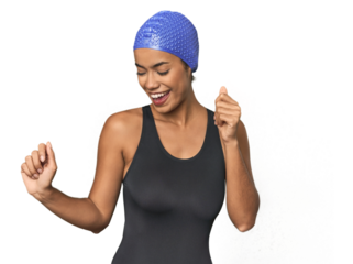 Pro Latina swimmer in studio gear dancing and having fun.