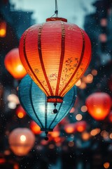 Obraz premium Colorful paper lanterns hanging in the evening