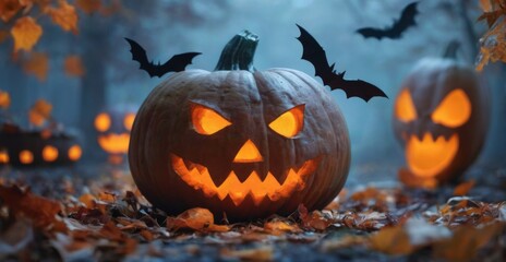 Obraz premium Spooky Halloween Scene with Glowing JackoLantern Pumpkin and Flying Bats in Forest Setting