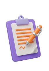 3d Clipboard with pencil and blank paper illustration for notes or checklist design