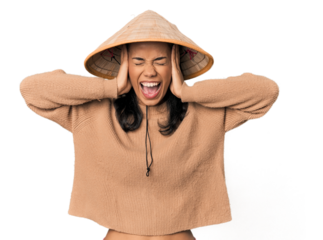 Young Filipina with Vietnamese hat covering ears with hands trying not to hear too loud sound.