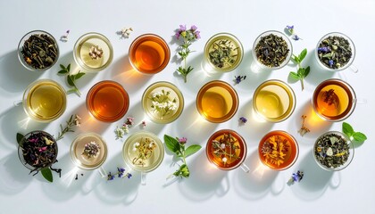 Beautifully presented herbal teas and flowers on a muted glass background in flat lay style