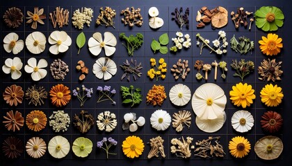 Interactive botanical layout with high-res floral slices and root specimens layered over dark matte grid screen