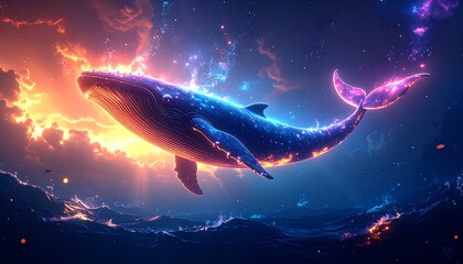 Grand leviathan swimming gracefully through an ethereal ocean in a fantasy landscape