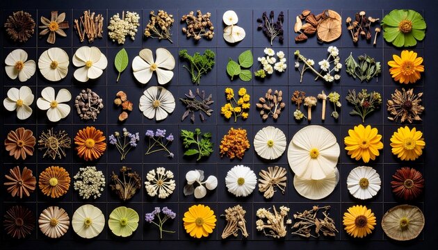 Interactive botanical layout with high-res floral slices and root specimens layered over dark matte grid screen