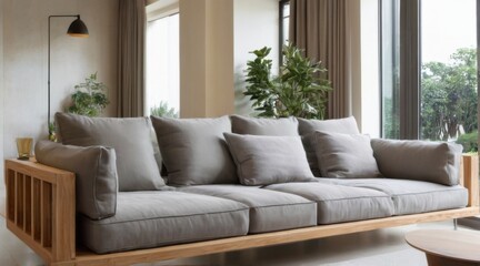 Modern living room with large window, wooden sofa, armchairs, and neutral colors creating a contemporary and minimalistic space.