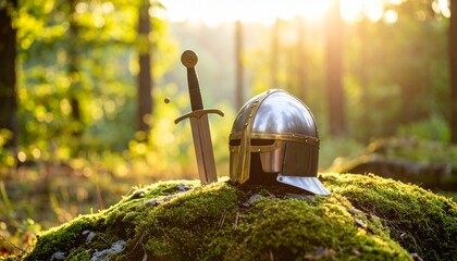 Engraved metal helmet and sword displayed on a moss covered rock in a misty forest setting