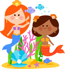 Sea and ocean theme with mermaids, seashell, fish, starfish and corals. Pretty princess mermaids under the sea. Coral reef, underwater sea life.