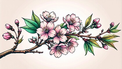 Elegant cherry blossom branch in illustrative tattoo style with pink and jade shades