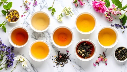 Stunning flat lay of five cups of tea with fresh flowers and herbs on marble surface