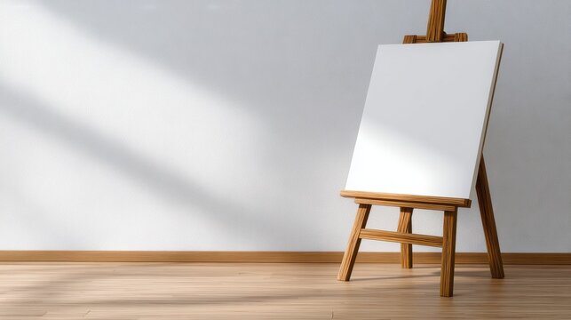 Empty canvas on wooden easel in a sunlit room with shadows on the floor
