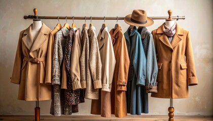 Vintage clothing collection of coats elegantly displayed on a rack with ample copy space